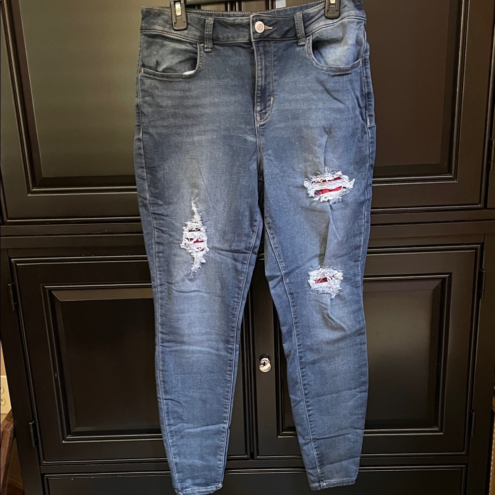Distressed Blue Jeans with Buffalo Check Patches